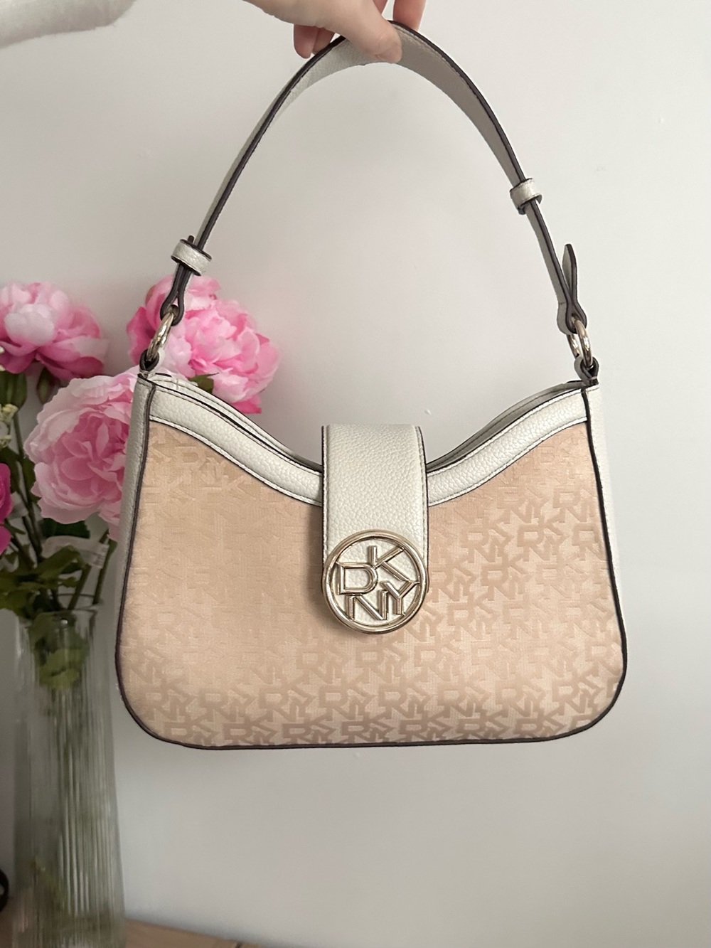 DKNY Monogram Hobo Bag in Blush and Cream
